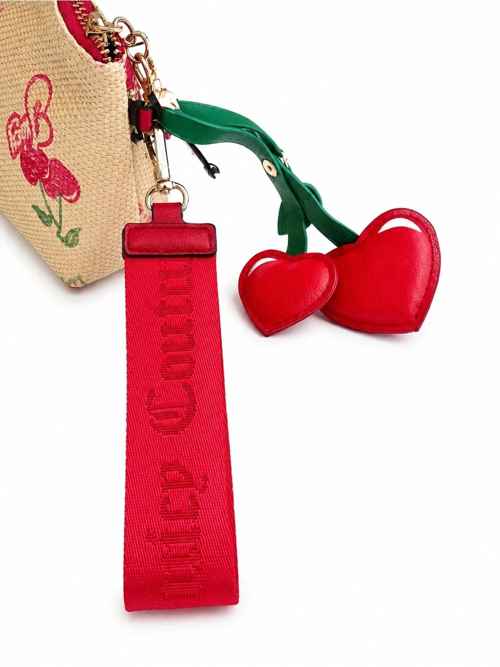 Juicy Couture Cherry Print Woven Wristlet Pouch Heart Charm NWT Y2K Coquette